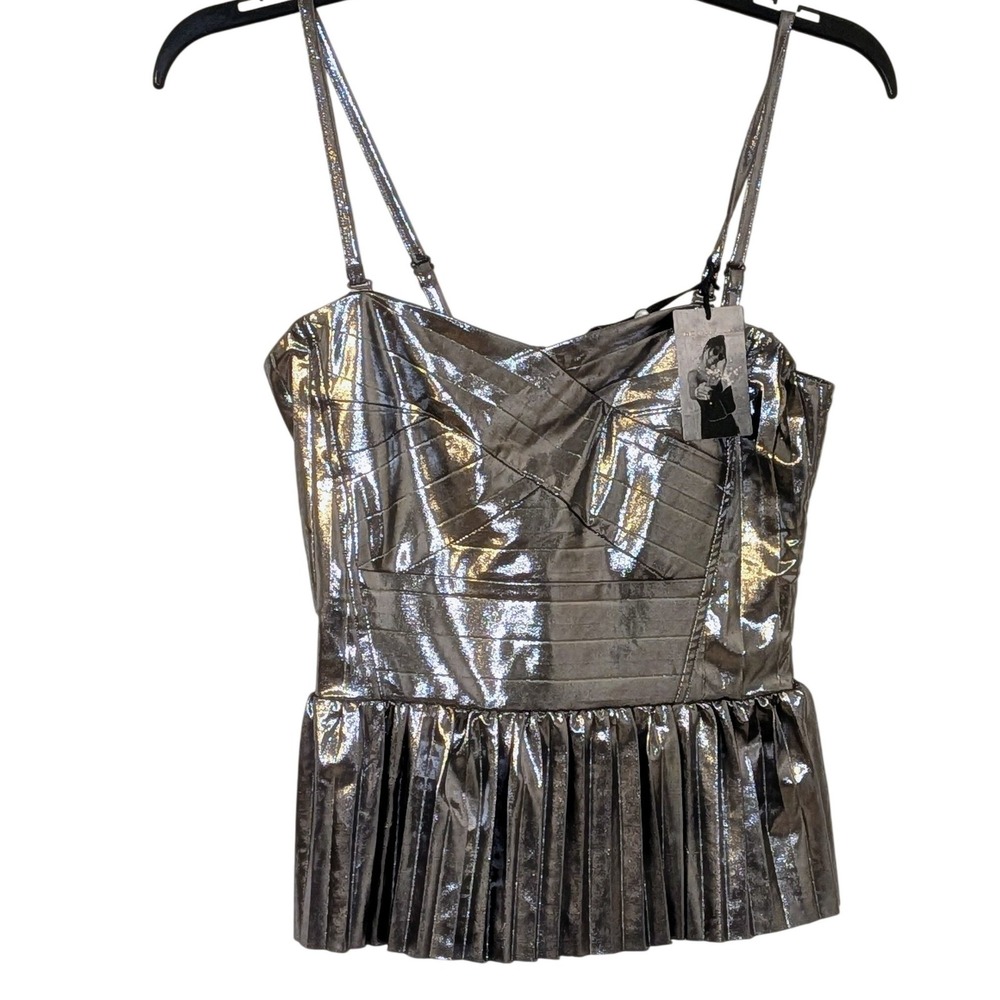 Sincerely Jules Silver Metallic Peplum Camisole Top Smocked Bandage Small NWT